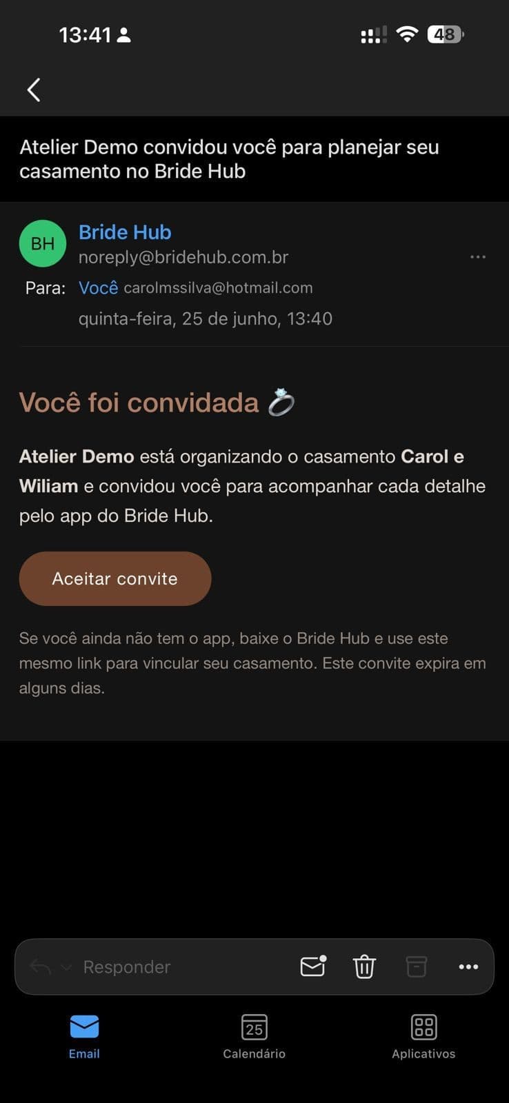 E-mail de convite recebido pela noiva