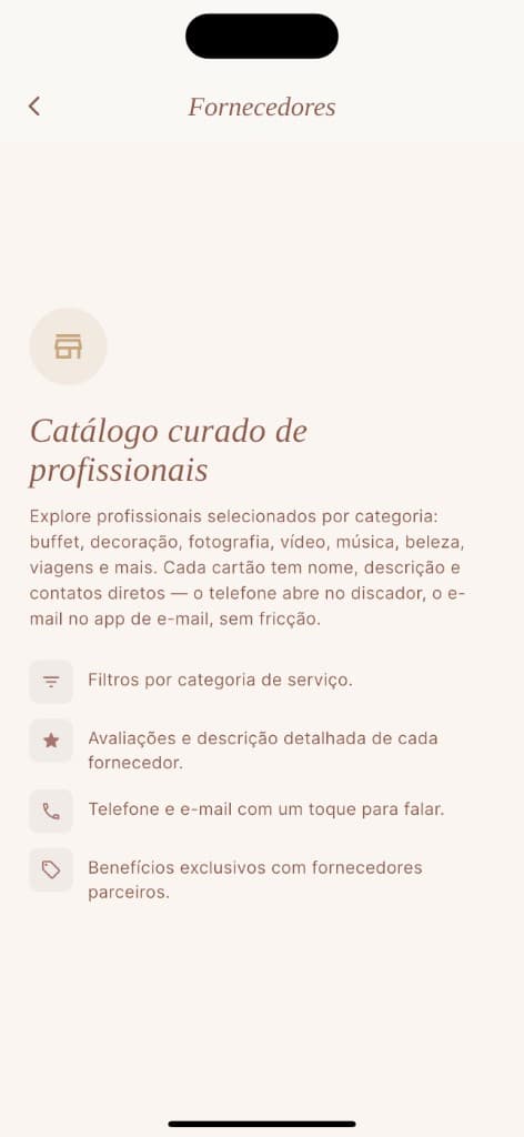 Tela do bridehub: Catálogo curado, com cupons exclusivos