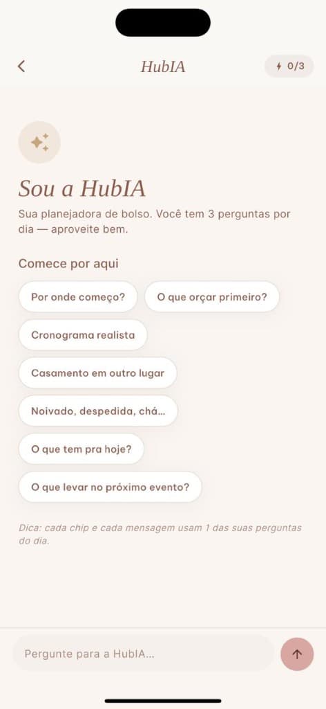 Tela da HubIA — assistente de IA do bridehub com chips iniciais